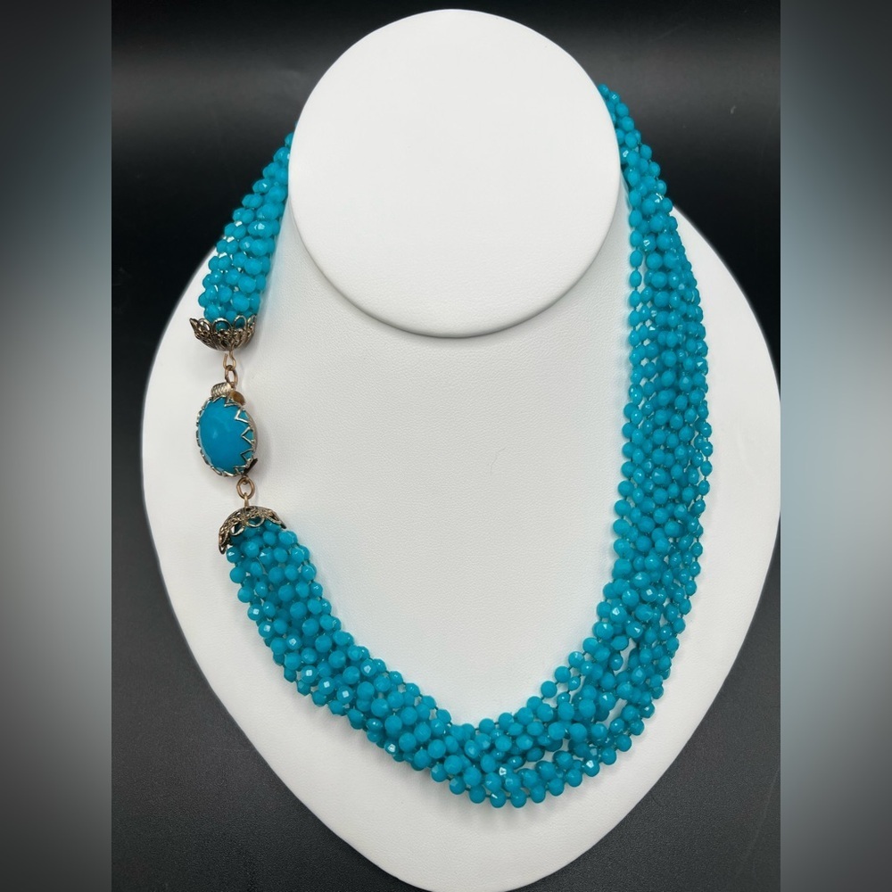 Vintage Multi Strand Blue Flat Plastic Faceted Disc Beaded Necklace